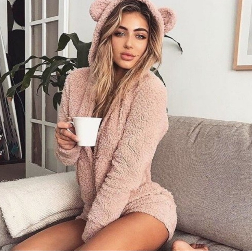 Sherpa hooded teddy bear pj onesie shorts romper